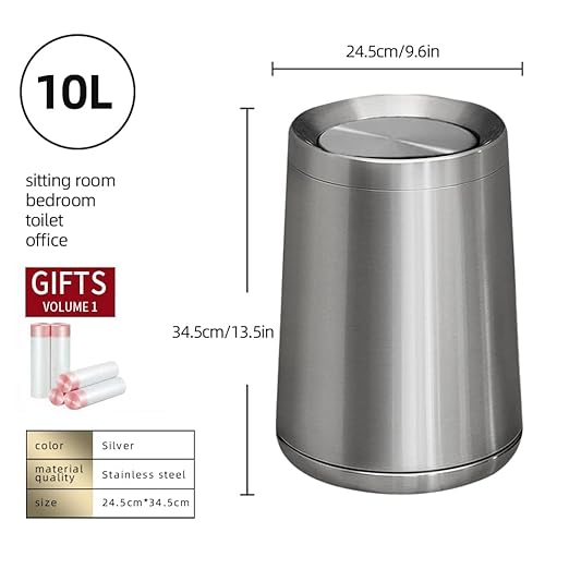 2.6Gallen Brushed Nickel Bathroom Trash Can with Lid, Stainless Steel Garbage Can with Flipping Lid,for Bathroom, Kitchen,Living Room,Bedroom,Hotel (Silver)