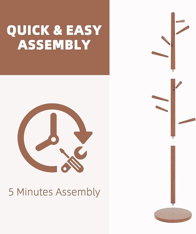 Uniclinens Coat Rack Freestanding Solid Wood Coat Tree Standing with 8 Hooks, Coat Rack Stand Creative Tree Branch-Look (Teak)