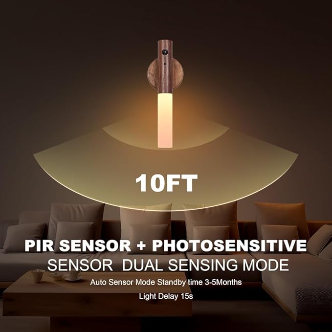 LANDGOO Motion Sensor Night Light RGB & Touch Control | USB-C Rechargeable Wooden Wall Sconce | Bathroom/Bedroom Light for Hallway, Stairs, Closet, Kids Room, Vanity, (Walnut Wood)