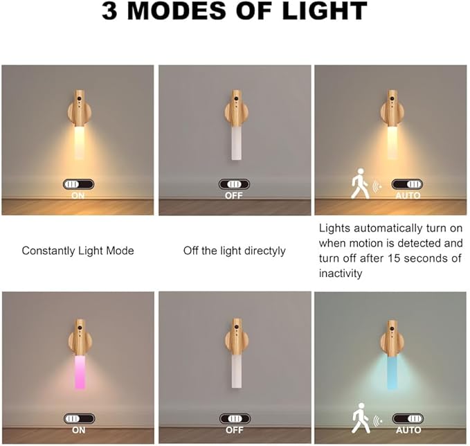 LANDGOO RGB Motion Sensor Night Light, Color Changing Atmosphere Lamp, Battery Powered Rechargeable LED Wood Wall Sconce for Home Party Lighting (RGB Ash Wood 2PCS)