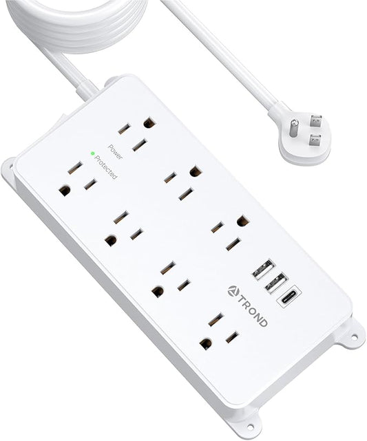 TROND Surge Protector Power Strip Flat Plug, 15ft Long Extension Cord, 7 Widely-Spaced Outlets with 2 USB-A & 1 USB-C, ETL Listed, 1700J, Wall Mountable, for Home Office Garage, White