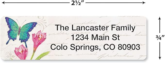 Butterflies & Flowers Rolled Personalized Return Address Mailing Labels with Dispenser, Set of 500, 5 Designs, Small ¾ x 2½ Inch Size, Custom Self-Adhesive Sticker Roll, by Colorful Images