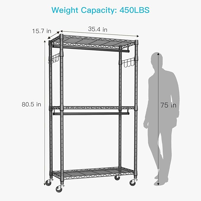 P1 Heavy Duty Garment Rack, 3 Tiers Adjustable Rolling Metal Closet Organizer with Lockable Wheels, FreeStanding Wardrobe with Double Hanger Rods & 1 Pair Hooks, Max Load 450 LBS, Gray