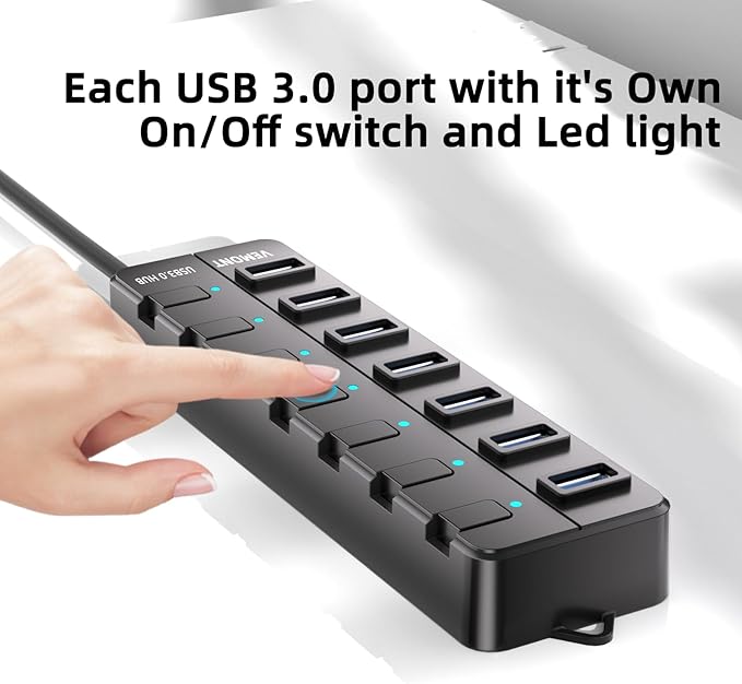 VEMONT 7-Port USB 3.0 Hub (Equipped with a 4-Foot Data Cable, Individual Switch, and Indicator Light, it Supports Data Transfer speeds of up to 5Gbps) Suitable for Desktop Computers and laptops.