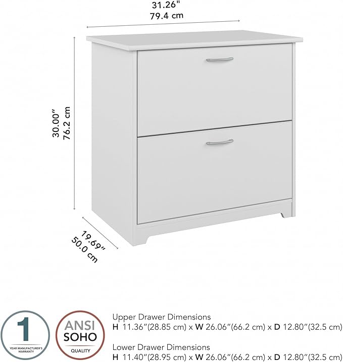 Bush Furniture Cabot 2 Drawer Lateral File Cabinet in White, Home Office Chest for Letter, Legal, and A4-size Document Storage