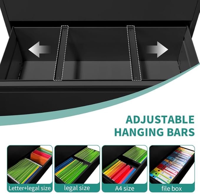 2 Drawer Lateral File Cabinet with Lock, Metal Filing Cabinets for Home Office, Steel Storage Wide File Cabinet for Letter/Legal/F4/A4 Size with Hanging Bars, Assembly Required (Black)