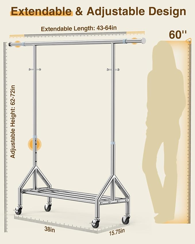 Upgraded 100% Stainless Steel Clothing Rack Load 760LBS, Heavy Duty Clothes Racks with Larger & Sturdy Wheel, Extendable & Adjustable Rolling Garment with Shelves