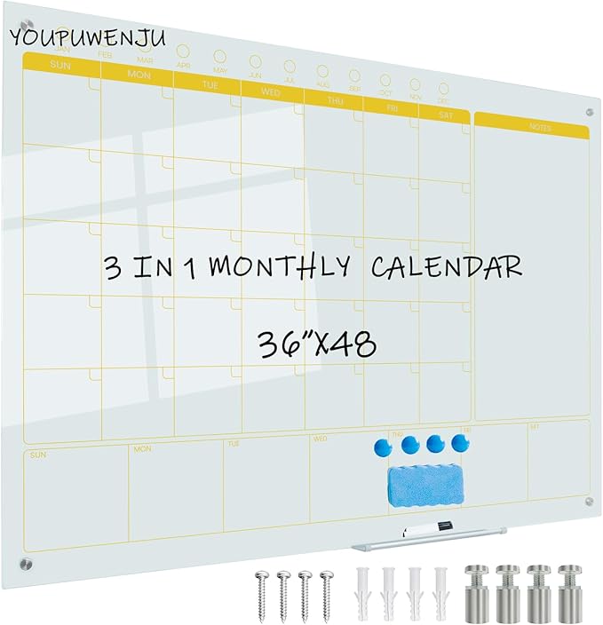 Magnetic Glass Planner Writeboard 36"X48" Monthly/Weekly 3 in 1 Calendar Premium Tempered Glass Dry Erase Boards Frameless Wall Mounted (White)