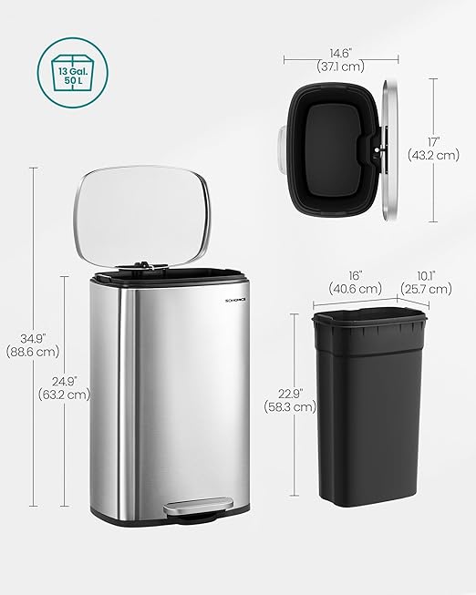 SONGMICS 13 Gallon (50 L) Trash Can, Stainless Steel Kitchen Garbage Can, Recycling or Waste Bin, Soft Close, Step-On Pedal, Removable Inner Bucket, Silver ULTB050E01