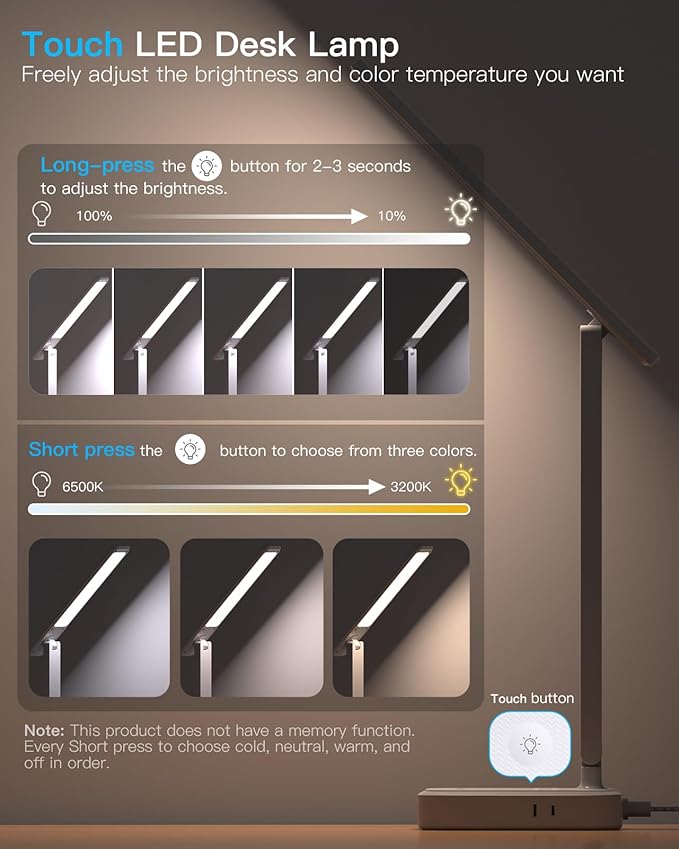 Power Strip with LED Desk Lamp, PD 30W Touch Desk Lamps, 4 Outlets 4 USB Ports(2 USB C) Small Desk Lamp 5FT Extension Cord Table Lamp for Home Office College Dorm Room Essentials Bedroom Bedside Study