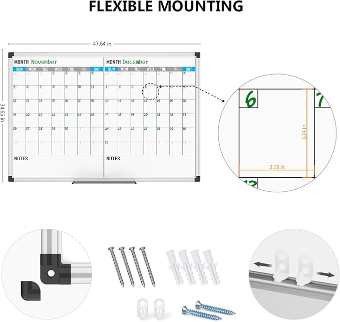 XBoard Magnetic Calendar Whiteboard 48" x 36" - 2 Month Dry Erase Board, White Board + Colorful Calendar Board, Silver Aluminium Framed Monthly Planning Board