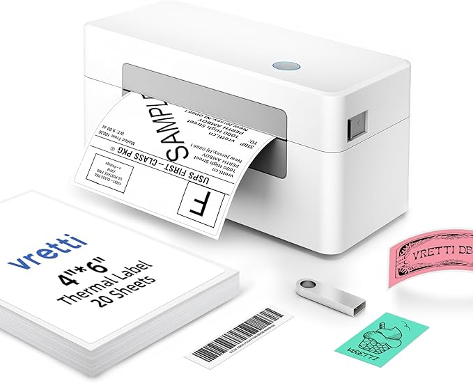 vretti USB Shipping Label Printer - 4x6 Thermal Label Printer for Small Business, Compatible with Windows,Mac,Linux and ChromeOS, Supports Barcodes, Shipping Labels, Mailing Labels, Etc.