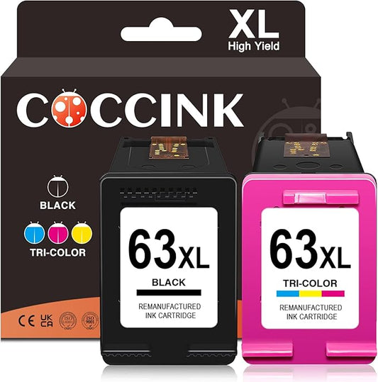 COCCINK 63XL Ink Cartridge for HP Officejet 3830 3833 4652 4655 5212 5222 5255 5258 Deskjet 3630 3632 2130 Envy 4511 4512 4520 Printer Remanufactured Inkjet for HP 63 XL Black and Color Combo Pack