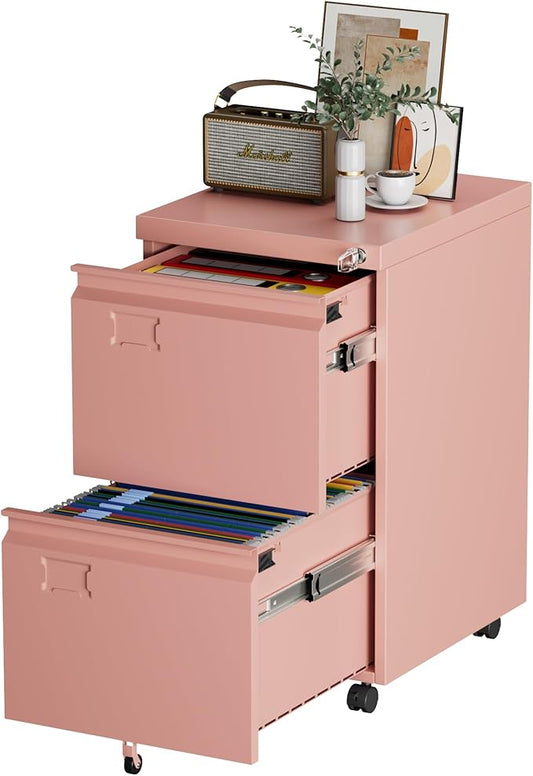 2 Drawer Mobile File Cabinet with Lock,Under Desk Metal Filing Cabinets for Home Office Fits Letters/Legal/A4 Size Folder, Assembly Required, Pink