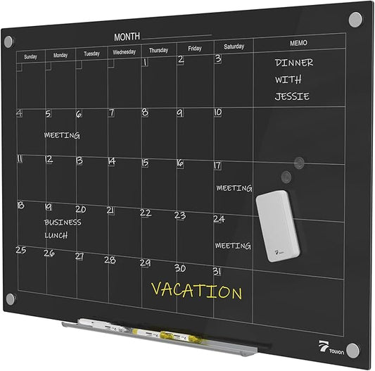 TOWON 47 x 35 Inch Glass Dry Erase Board Reminder, Magnetic Whiteboard Calendar Yearly, Monthly Planner Set for Office, Kitchen and School, Black
