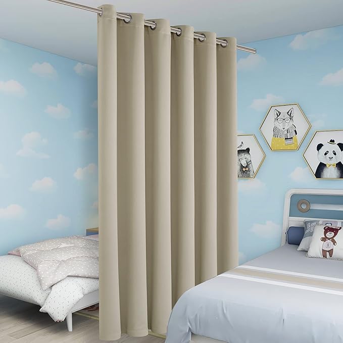 BONZER Room Divider Blackout Curtain Wide Room Darkening Total Privacy Wall Noise Reducing for Bedroom, 108L x 70W Inch (9L x 5.8W ft), 1 Panel, Cream