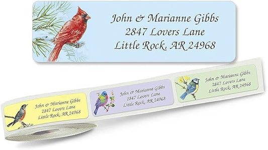 Birds Rolled Personalized Return Address Mailing Labels with Dispenser, Set of 500,5 Designs, Small ¾ x 2½ Inch Size, Custom Self-Adhesive Sticker Roll, by Colorful Images