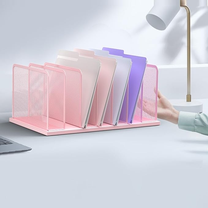 Kuntine.B Desk File Organizer Upright Mesh Desktop Organizer File Sorter Office Organization File Holder for Home, Office & Classroom (Pink, 1 Pack 7-Section)