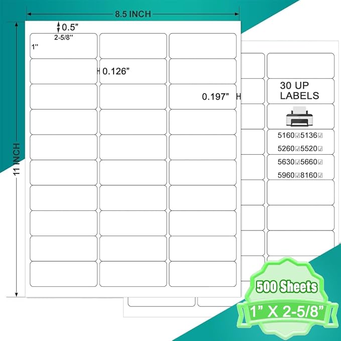 Address Labels 1" x 2-5/8", 15000 Printable Labels for Mailing, Envelopes, Laser/Inkjet Printer, 8.5"×11" White Label Stikcers Paper 30 Up Blank Label Per Sheet,(500 Sheets)