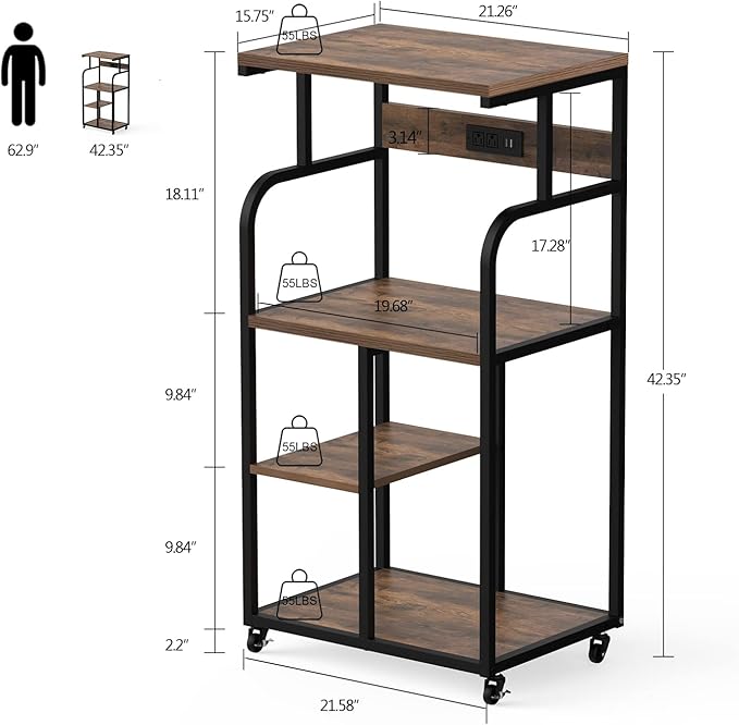 VEDECASA Large Printer Stand Cart with Charging Station USB Port 21.2"x15.7"x42.3" Tall 3-Tier Adjustable Shelf Storage Home Office Rolling Stand with Wheels