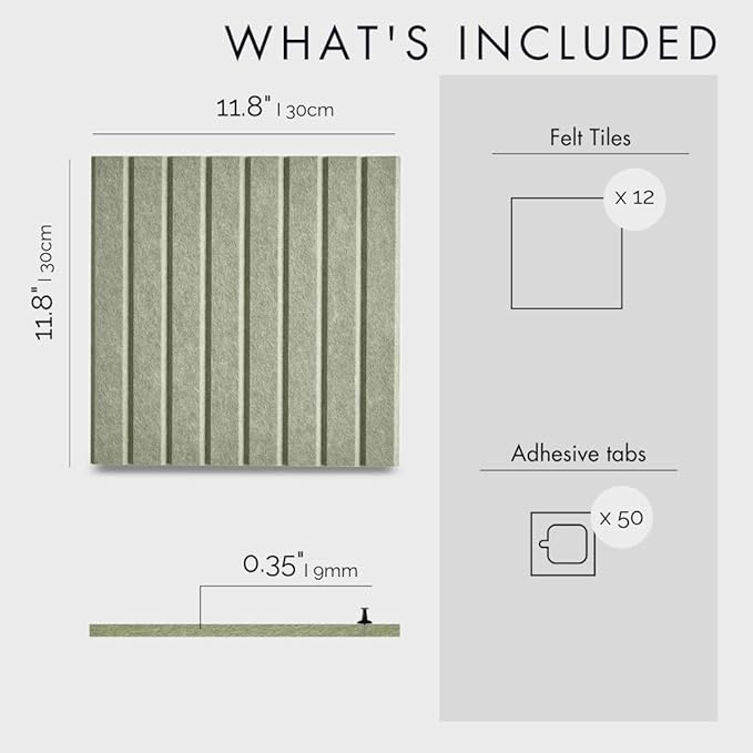 Large Cork Boards for Walls Black Felt Board Alternative - Slat Wall Paneling, Felt Bulletin Board Tiles for Office Decor, Push pin Board Office Wall Organizer -12-Pack (Sage)