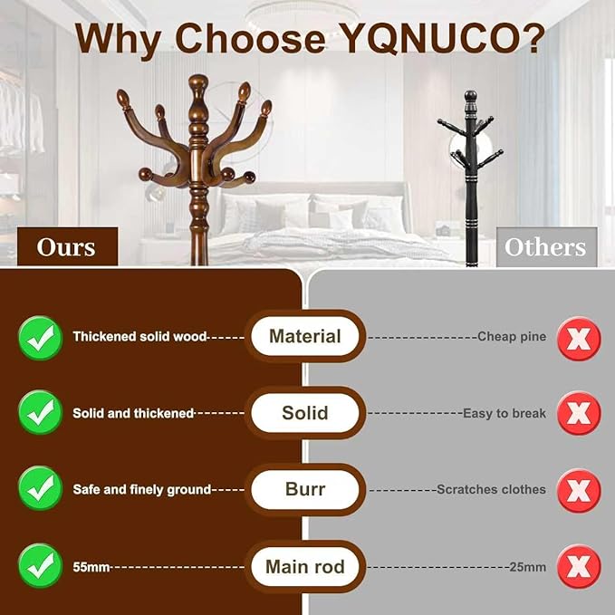 Solid Wood Coat Rack – 74.8" Freestanding Coat Racks Stand with 11 Hooks & Stable Base, Adjustable Height Modern Wooden Hall Tree for Entryway, Bedroom, Office, Home (Walnut Triangle)