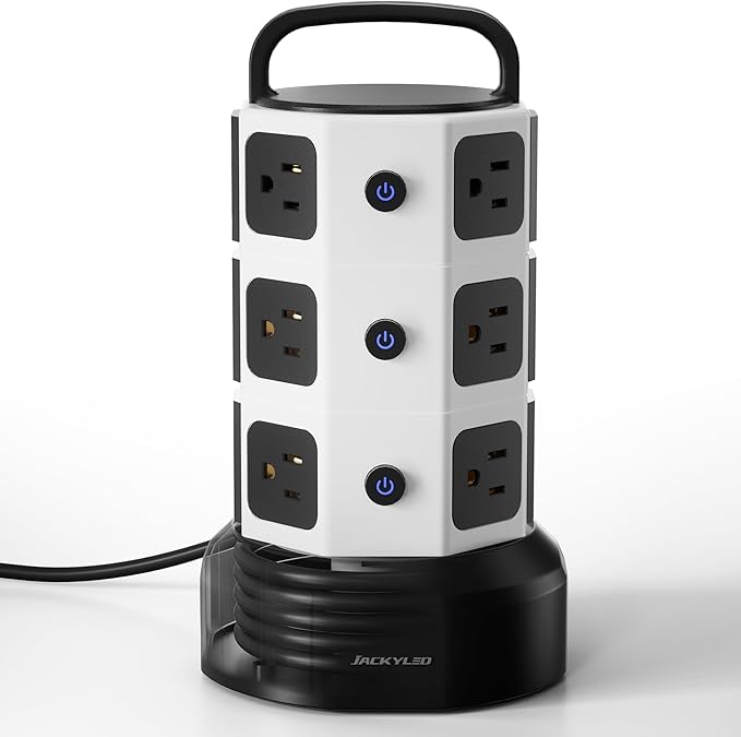 Power Strip Tower Surge Protector, JACKYLED 12 Outlets 6 USB (2 USB C) Charging Station, Extension Cord with Multiple Outlets, 1050J 1625W/13A Outlet Extender 6.5ft Extension Cord for Home Office