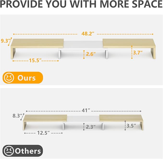 TAVR Dual Monitor Stand Riser, Computer Monitor Stands for 2 Monitors, Extra Long Multifunctional Desktop Organizer Riser for Computer, Laptop, PC, Printer, TV, Max 48.2" Length, Oak