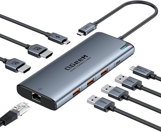 QGeeM USB C Hub,8 in 1 Extender Splitter with Single 8K,Dual 4K@60Hz HDMI,Multiport USB C to Ethernet Adapter for Type C Device,USB A 10Gbps Data,PD100W-M1/M2 only 1 Display