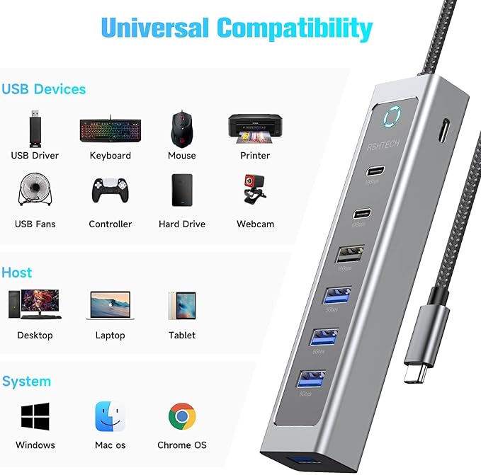RSHTECH 7-Port USB C Hub Splitter 10Gbps with 3 USB-3.2 (2C + 1A), 4 USB-3.0 Ports and 2ft Long Cable, Aluminum USB-C Hub Multiport Adapters for Laptop and More, RSH-T17C
