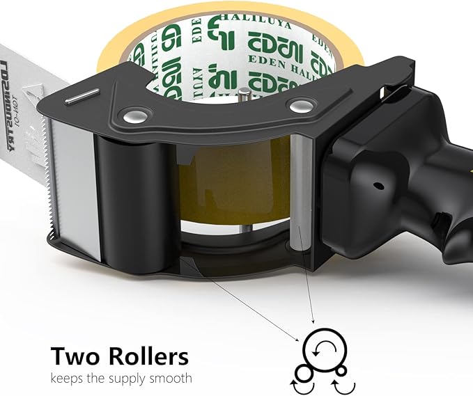 Rapid-Replace Tape Dispenser Gun with 2 Inch X 60 Yard Tape Roll (Transparent) and Extra Blade, Lightweight Ergonomic Heavy Handheld Duty Tape Cutter for Packaging and Box Sealing Black