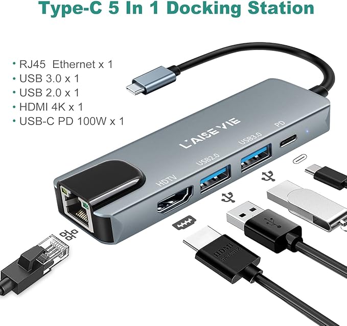 USB C Hub, 5 in 1 USB C 4K@32Hz HDMI Adapter with Ethernet Port, 100W Power Delivery PD Type C Charging Port, USB 3.0& 2.0 Adapter Compatible for MacBook Pro, Chromebook, XPS, and Devices