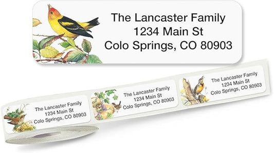 Meadow Birds Rolled Personalized Return Address Mailing Labels with Dispenser, Set of 500, 5 Designs, Small ¾ x 2½ Inch Size, Custom Self-Adhesive Sticker Roll, by Colorful Images