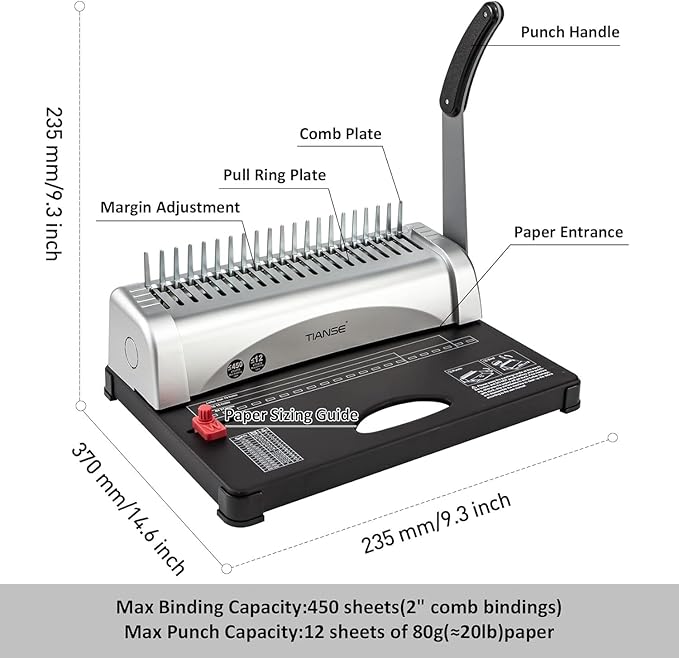 TIANSE Binding Machine, 21-Holes, 450 Sheets, Comb Binding Machines with Starter Kit 100 PCS 3/8'' Comb Binding Spines, Comb Binder Machine Book Maker Perfect for Letter Size, A4, A5 or Smaller Sizes