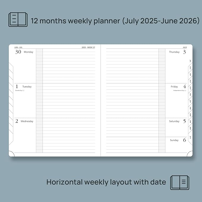 POPRUN Planner 2025-2026 (Large 8.5''x 10.5''), Horizontal Weekly Notebook Jul.2025 - Jun.2026, Academic Appointment Book with Monthly Tabs, Leather Hardcover, Inner Pocket, 100 GSM - Black