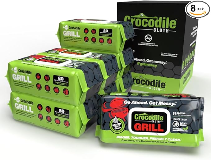 Crocodile Cloth Grill Wipes, 640 Count (8 Packs) – Extra-Large 15” x 10” Plant-Based Cleaning Cloths, Safe on Skin & Surfaces, Pre-Moistened with Aloe & Vitamin E