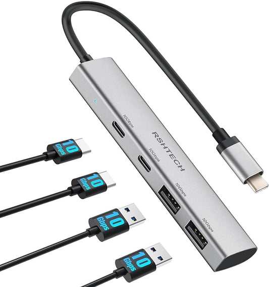 RSHTECH 4 Ports USB C 3.1/3.2 Gen 2 Hub 10Gbps with 2 USB-C and 2 USB-A Data Ports, Portable Aluminum USB Splitter for Laptop, MacBook Pro, and More Type C Devices, Gray, RSH-RX05