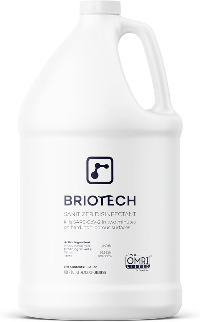 BRIOTECH Sanitizer Disinfectant Hypochlorous, Kill 99.99% of Viruses & Bacteria, Control Mold, Eliminate Odor, Gentle for Nursery & Play Rooms, Food Contact Surface Sanitizer, 1 Gallon Refill