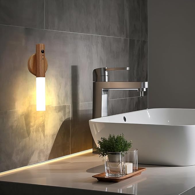 LANDGOO RGB Motion Sensor Night Light, Color Changing Atmosphere Lamp, Battery Powered Rechargeable LED Wood Wall Sconce for Home Party Lighting (RGB Ash Wood 2PCS)