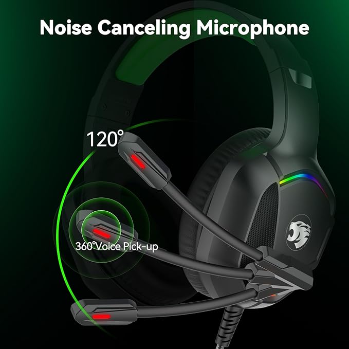 Gaming Headset with Microphone for Pc, Xbox One Series X/s, Ps4, Ps5, Switch, Stereo Wired Noise Cancelling Over-Ear Headphones with Mic, RGB, for Computer, Laptop, Mac, Nintendo, Gamer (Green)