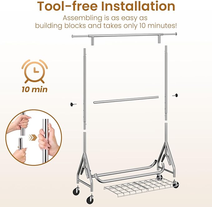 Double Rods Clothing Rack, Heavy Duty Clothes Rack for Hanging Clothes Load 560LBS, Metal Rolling Garment Racks with Wheels, Freestanding Clothes Hanging Racks, Silver