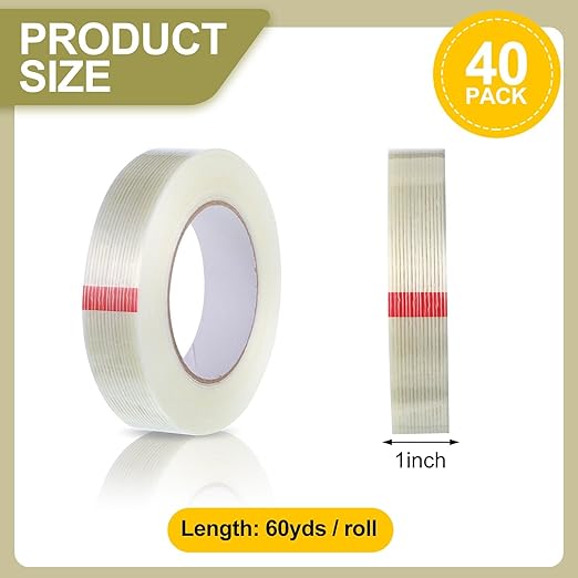 Treela 40 Rolls 1 Inch x 60 Yards Filament Strapping Tape 5.5 Mil Transparent Reinforced Fiberglass Heavy Duty Packing Shipping Tape for Sealing Binding Fixing