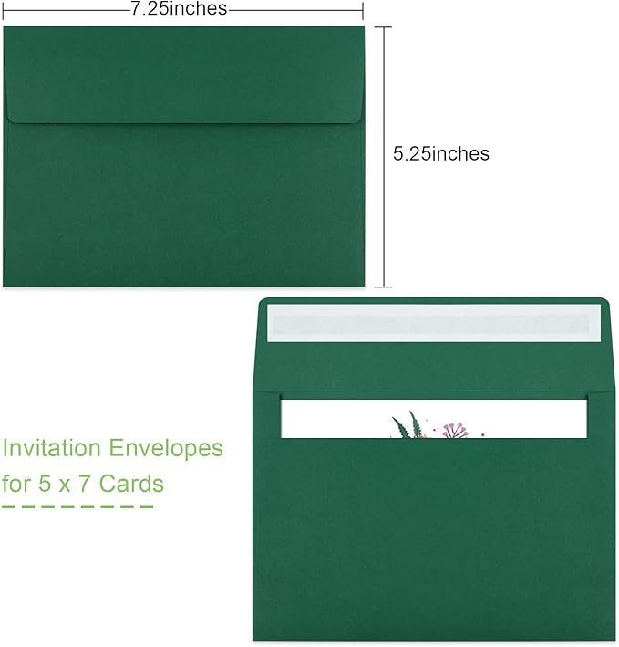 50 Pack 5x7 Envelopes - Self Seal for Invitations, Weddings, Photos & Greeting Cards (Dark Green)