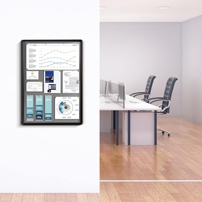 Enclosed Bulletin Board Lockable Display Case Message Board with Locking Door for Indoor, Grey Felt, Black Aluminum Frame, 38 X 28 in