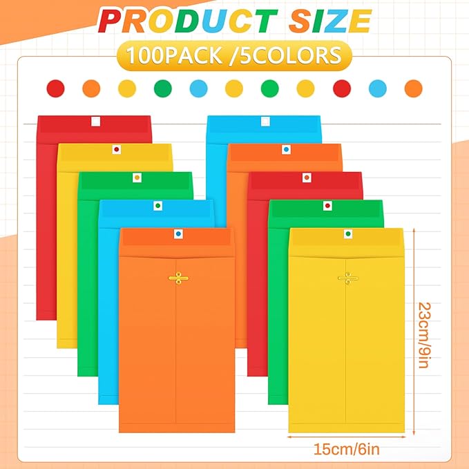 Geyee 100 Pcs Clasp Manilla Envelopes 6 x 9 Inch Gummed Colored Envelopes for Storing or Mailing for Home Office Business Supplies(Multicolor)