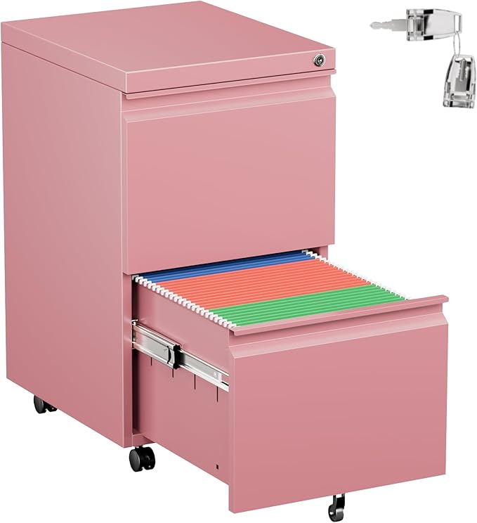 Aobabo Metal 2 Drawer Office File Cabinet with Lock, Under Desk Office Steel Files Cabinet on Wheels, 25.6''H Legal/Letter A4 Size, Fully Assembled Except Wheels,Pink