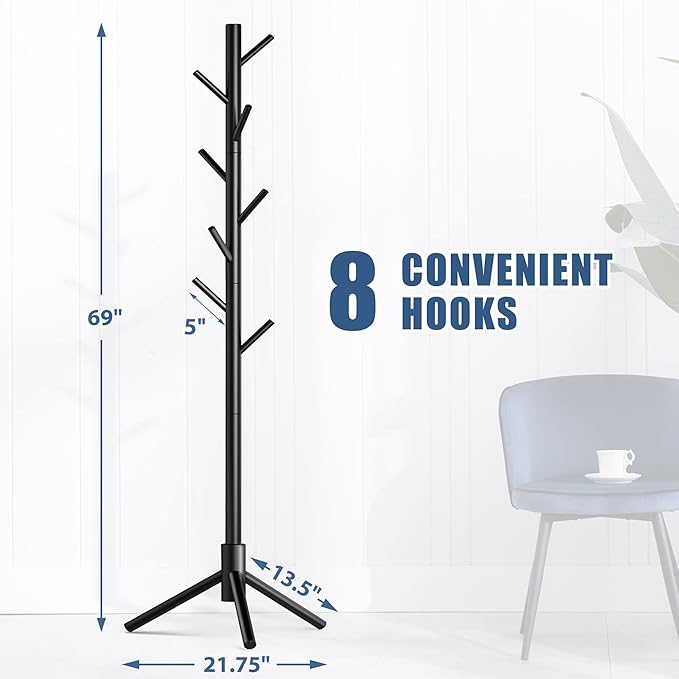 Haddockway Wooden Coat Rack Stand with 8 Hooks New Zealand Pine 3 Adjustable Coat Standing Tree Easy Assembly for Coats, Hats, Scarves and Handbags for Entryway, Hallway, Bedroom, Office,2 PCS