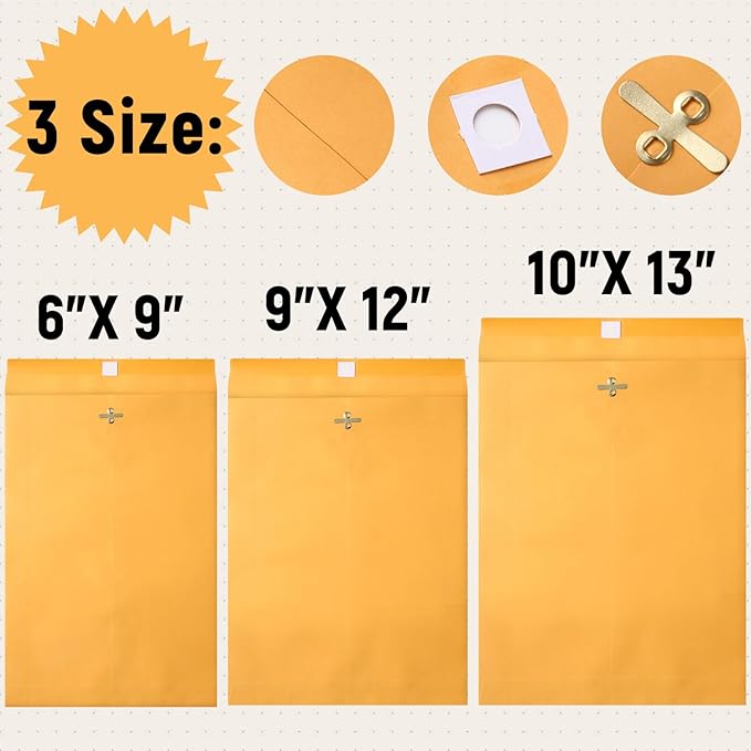 Ctosree 300 Pcs Manilla Envelopes Clasp Envelopes Bulk Brown Kraft Catalog Letter with Clasp Closure and Gummed Seal 28lb Heavyweight Paper (6 x 9 Inch,9 x 12 Inch,10 x 13 Inch)