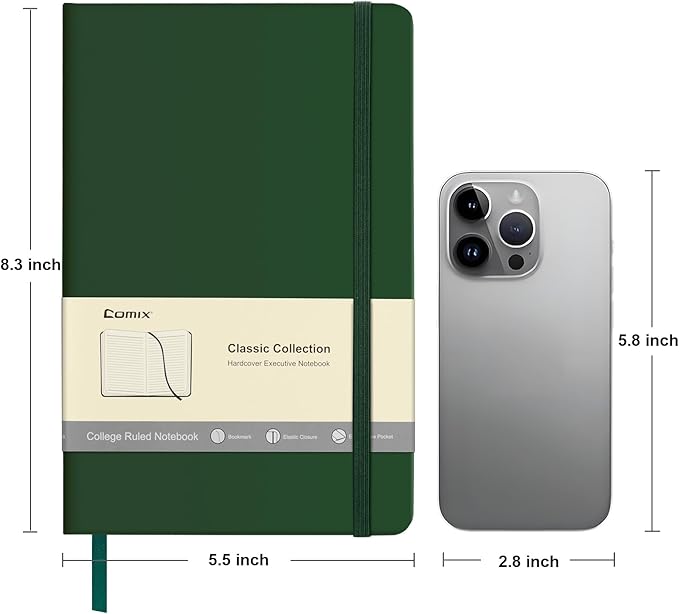 Comix Lined Journal Notebook for Women Men, Journaling Notebooks for Office School Home, Dark Green, 240 Pages, 5.5" x 8.3", College Ruled, A5, Hardcover