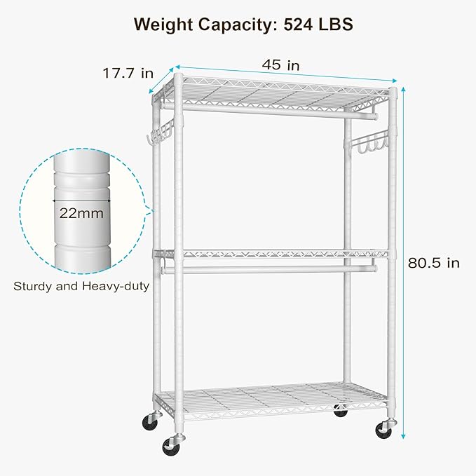 P1 Plus Rolling Clothes Rack, 22mm Diameter Heavy Duty Garment Rack with Wheels, Portable Closet Wardrobe with Double Rods, 45" W x 17.7" D x 80.5" H, Max Load 524 LBS, White
